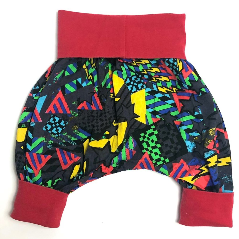 Handmade Baby Evolutive Harem Pants 3-9m Elastic Multicolor 80s Stars